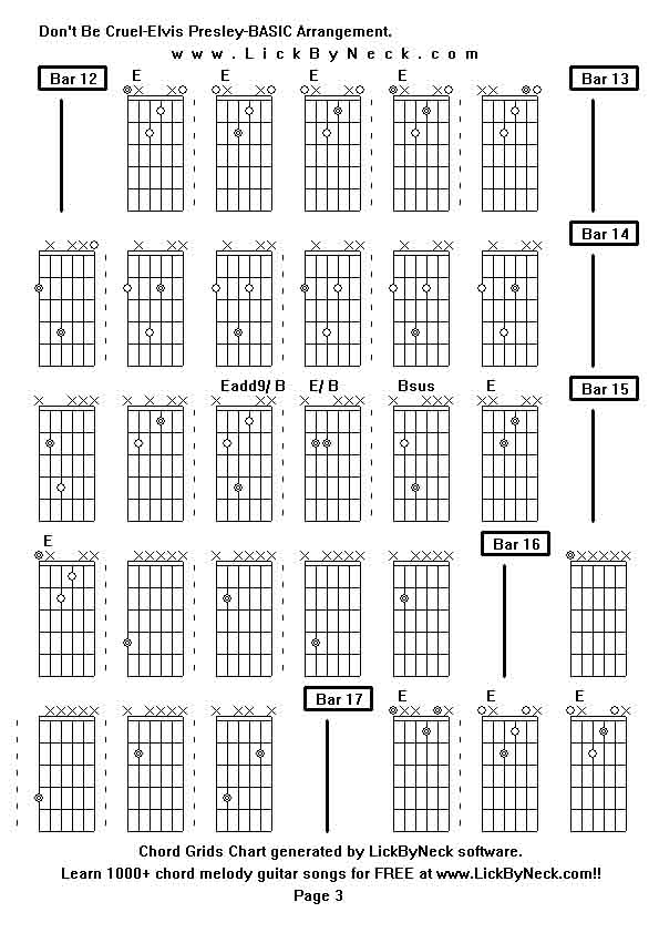 Chord Grids Chart of chord melody fingerstyle guitar song-Don't Be Cruel-Elvis Presley-BASIC Arrangement,generated by LickByNeck software.